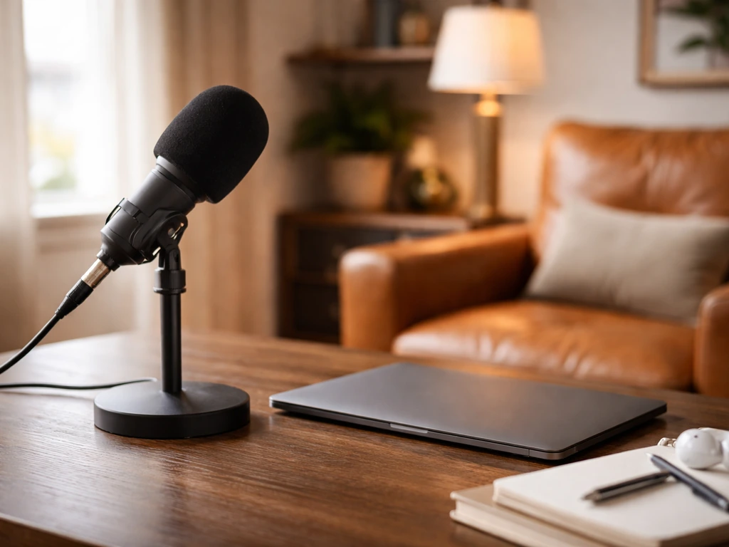 Black podcast microphone on a desk in a minimal, upscale studio setting suggesting influencer earnings.