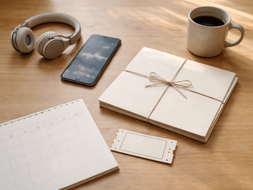 Minimal desk scene with music streaming, brand deal contract, and event ticket symbolism for influencer income streams.