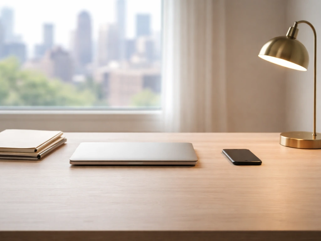 Minimal home office desk with lamp and city view, leaving empty space for a sources-comparison table mockup.