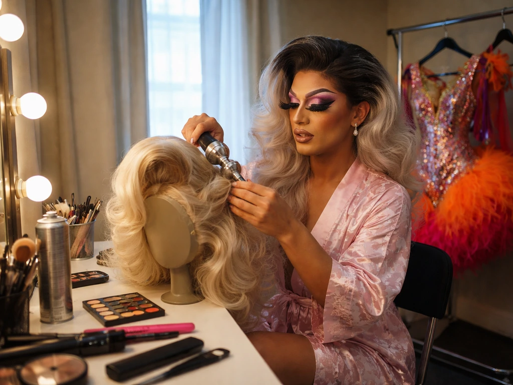 Drag performer at a backstage vanity styling a wig with a colorful costume hanging on a rack.