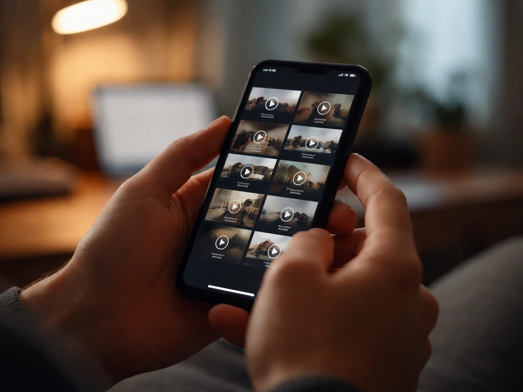 Close-up of a smartphone screen showing muted YouTube-style thumbnails and play buttons in a dim home office.