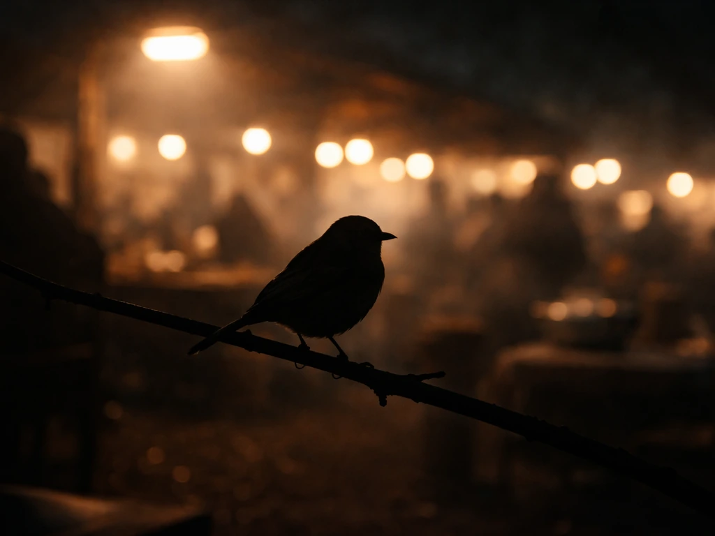 Silhouetted ortolan bunting perched on a twig with a blurred night-market restaurant background.