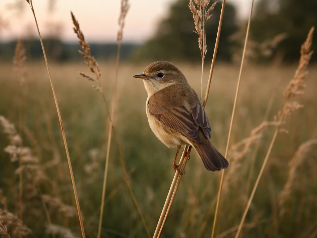 Small songbird (ortolan-like) perched in tall grass at dusk in a quiet European meadow