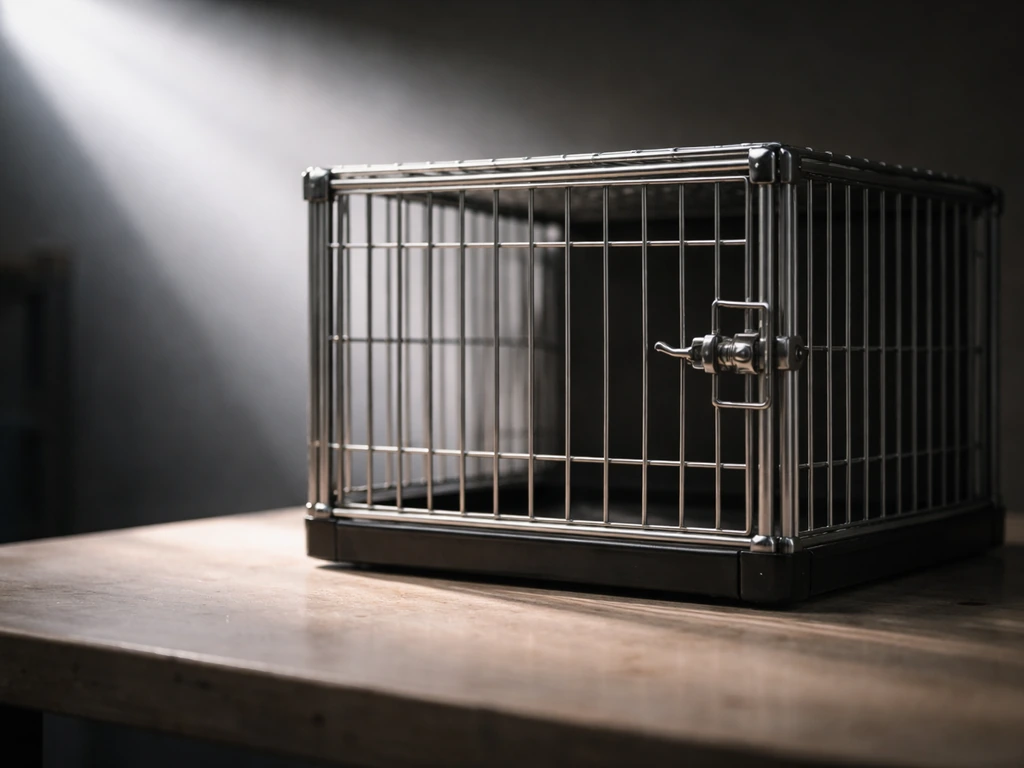 Minimal photo of a dark metal confinement cage and a blurred light source suggesting blinding, no gore.