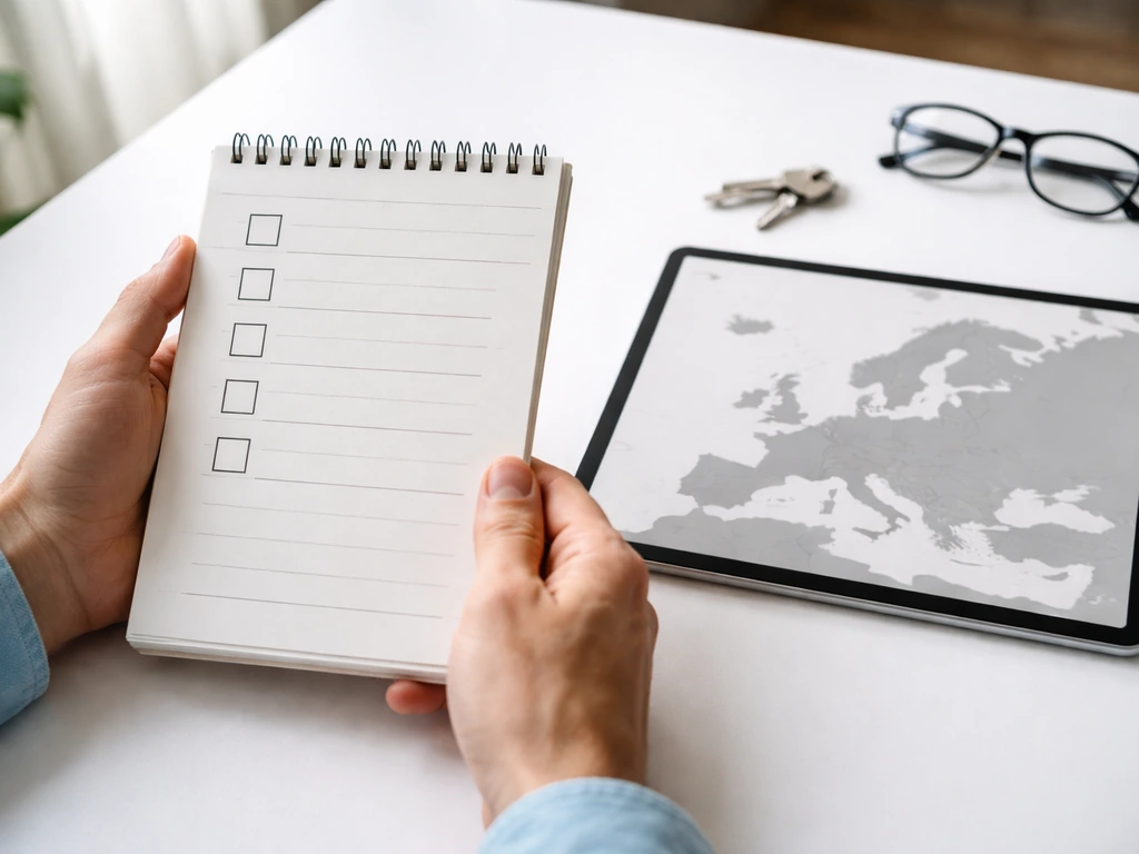 Minimal tabletop scene with a blank paper checklist and a tablet showing a simple Europe map silhouette