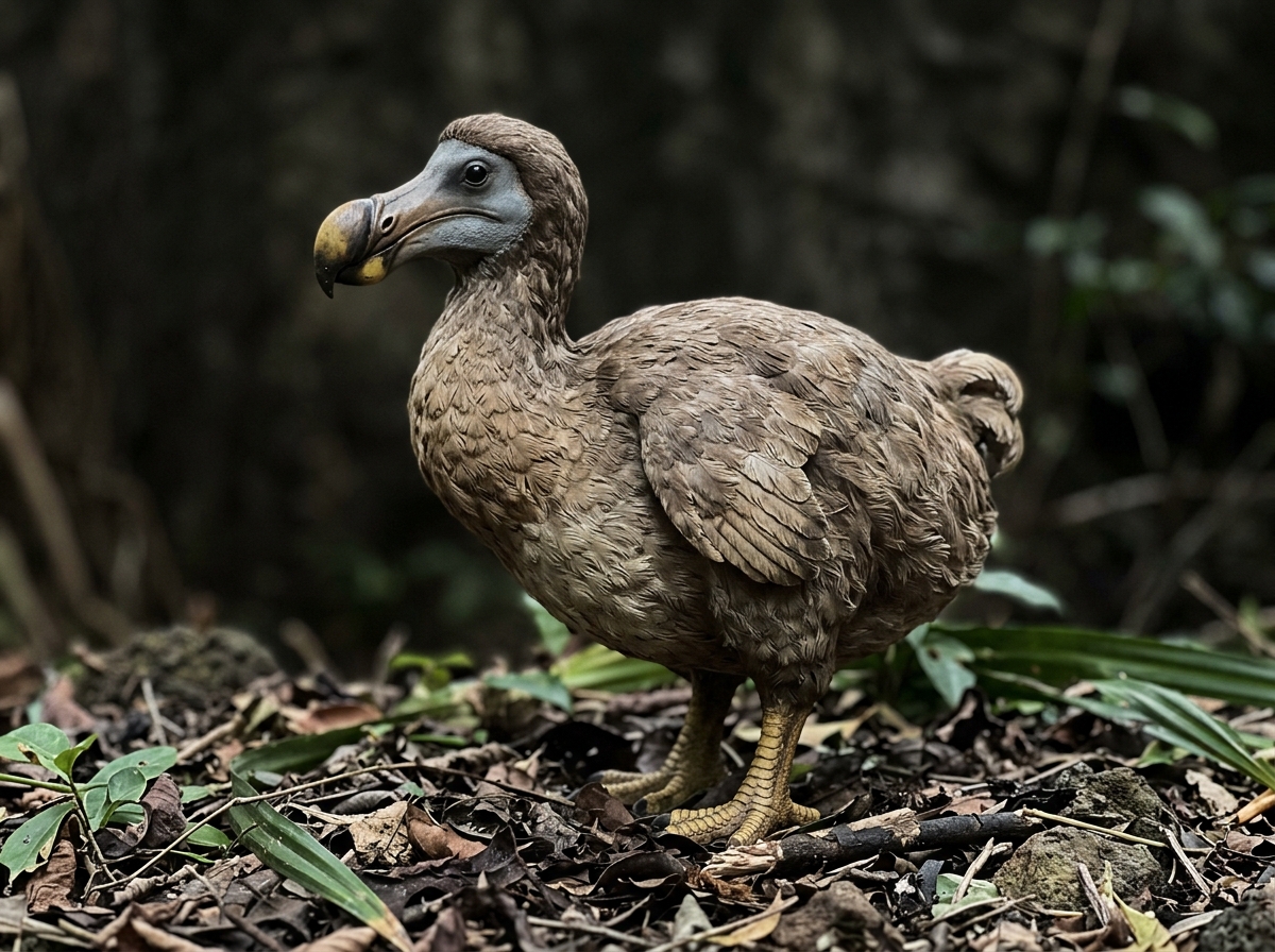 Replica dodo (Raphus cucullatus) showing flightless body shape and ground-habitat cues.