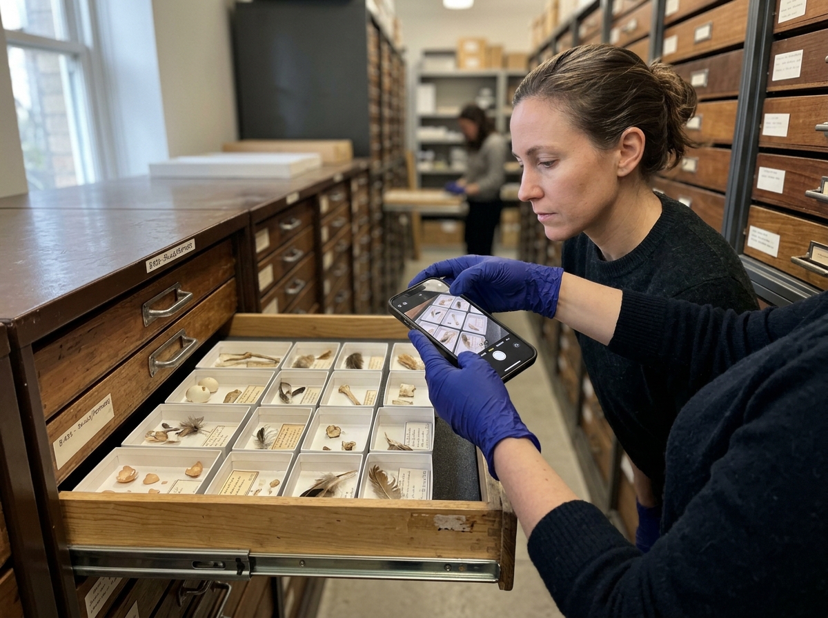 Hand and smartphone documenting museum records and specimens for verifying extinction evidence.