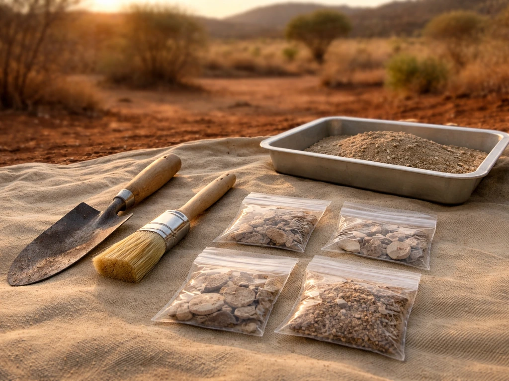 Paleontology field tools and fossil samples on a tarp with blurred Madagascar-like landscape behind.