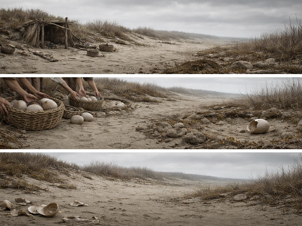 Coastal dunes with a small anonymous foraging camp and empty nesting evidence showing gradual decline over time.