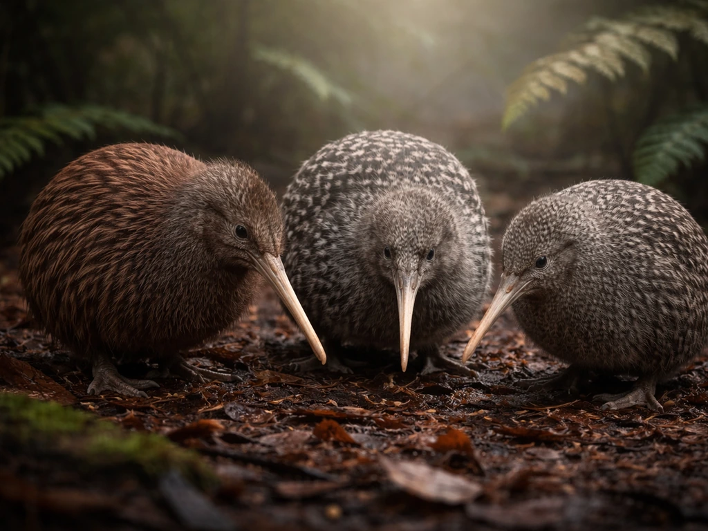 Three different kiwi species side-by-side on a forest floor, showing distinct bill size and feather spotting.