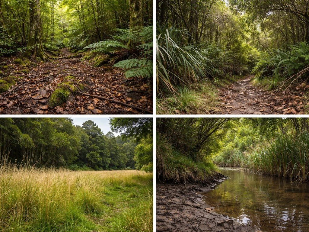 2x2 photo grid of native forest, scrub edge, grassland margin, and wetland riverbank kiwi habitats.
