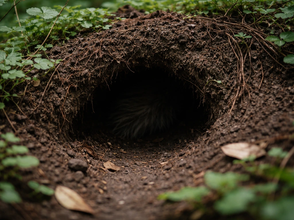 Hidden kiwi burrow entrance in daytime scrubland, soil mound and roots concealing the tunnel opening.