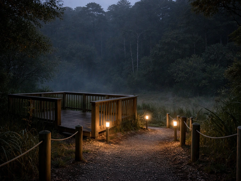 Nighttime view from a quiet fenced sanctuary deck into a misty forest clearing for kiwi sightings