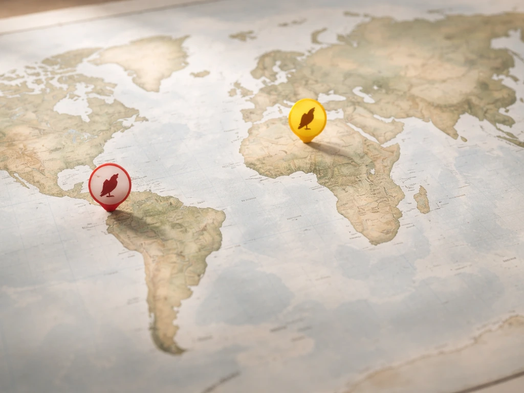 Tabletop world map with subtle colored markers showing where New and Old World vultures occur.
