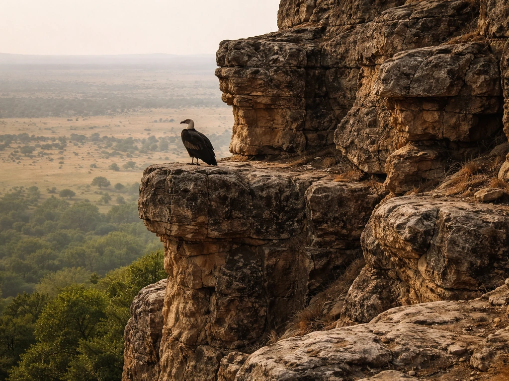 Vulture silhouetted on a rocky escarpment with nesting ledges in open grassland and savanna light.