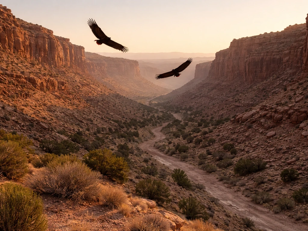 Turkey vulture gliding over a rugged arid canyon with sparse desert vegetation at golden hour.