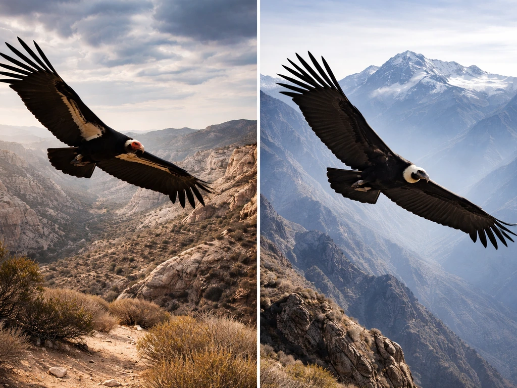 Split-scene of California and Andean condors soaring above rugged cliffs and Andean peaks, underscoring conservation sta