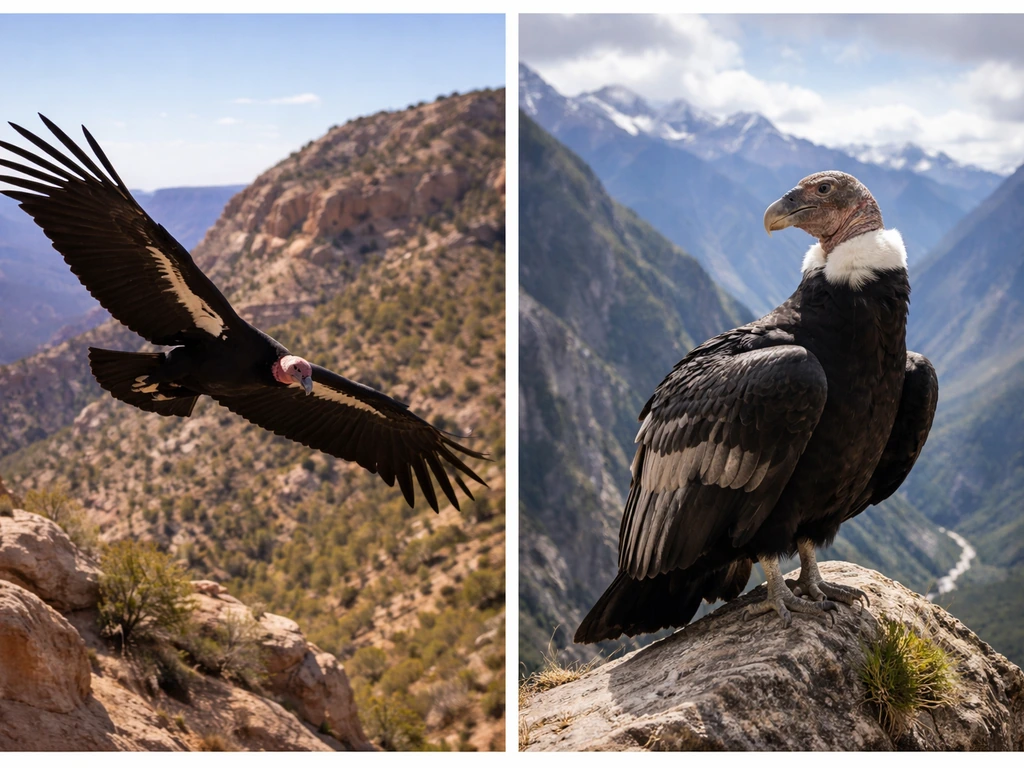 Split view of two condors in simple natural settings: one high cliff Andean, one wingspan gliding in North America.