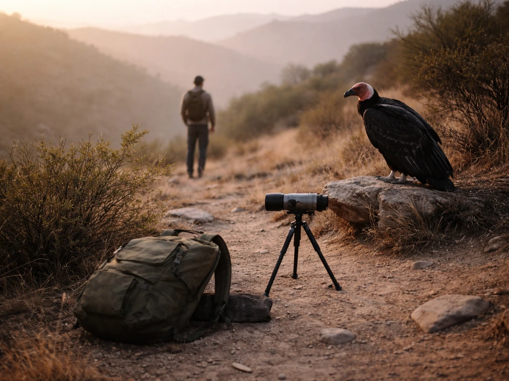 Wildlife biologist monitoring a California condor in a remote recovery habitat with tracking equipment nearby