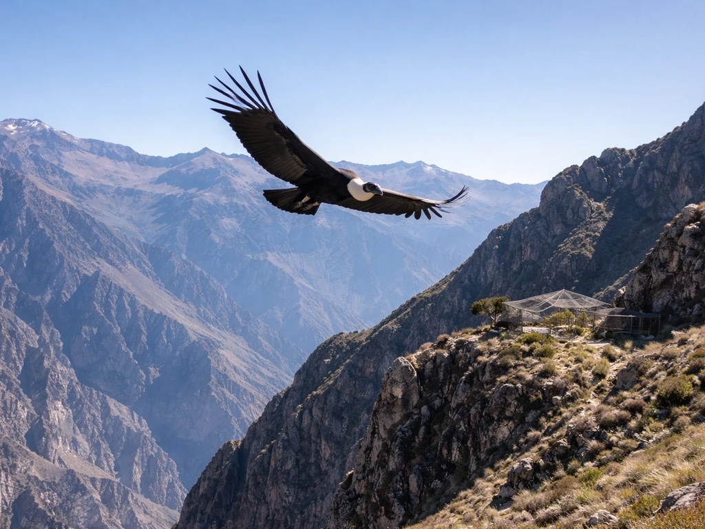 Andean condor gliding above rugged Andes peaks in a minimal conservation habitat scene