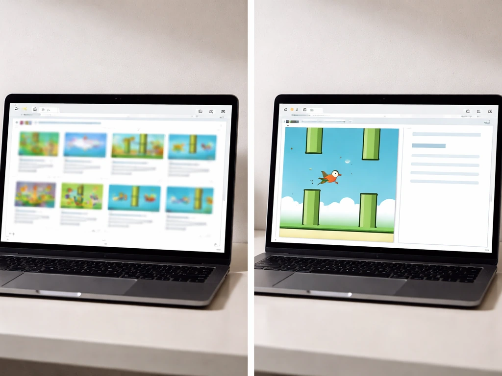 Side-by-side laptop scene showing browser clones search results and a clean official release-style page.