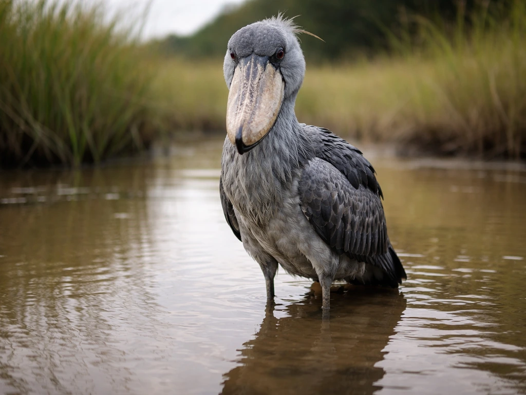 Shoebill standing in shallow wetland water, shoe-shaped bill clearly visible