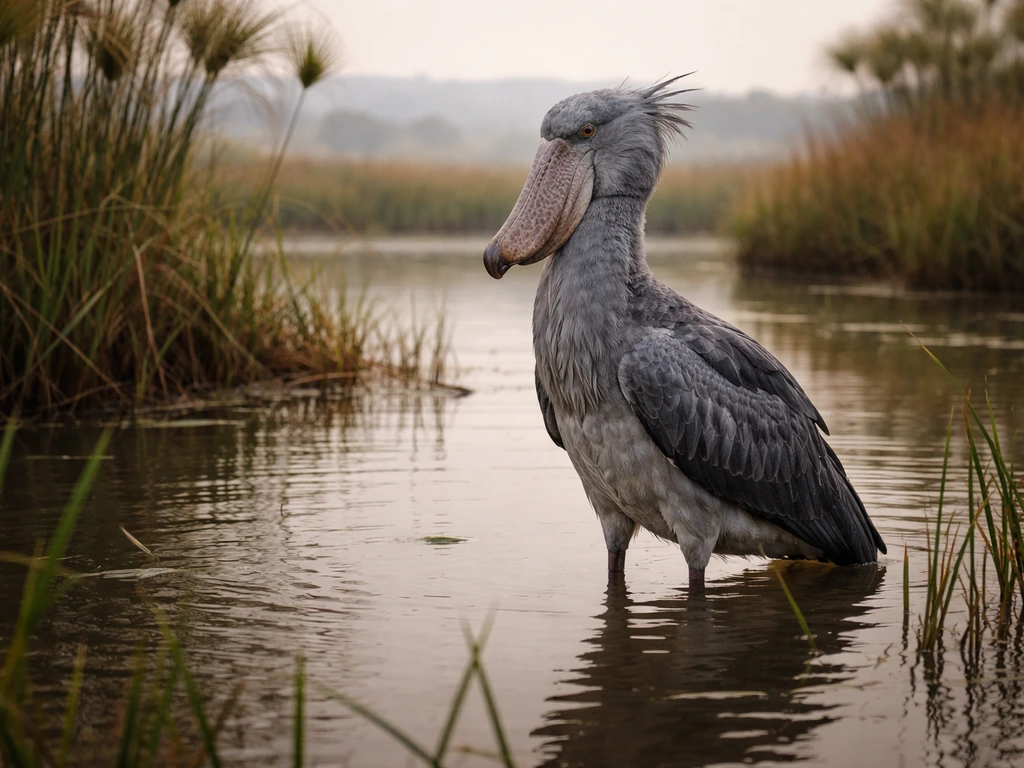Shoebill wading in African wetlands with distant lowland geography suggesting its current Central/East range.