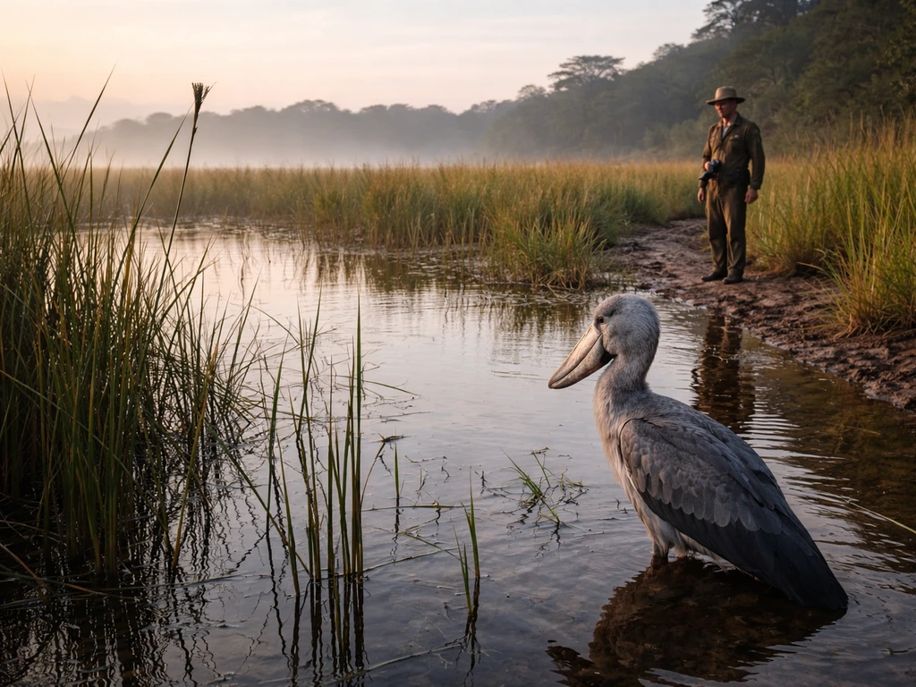 A shoebill standing in a shallow marsh near a wetland ranger monitoring the protected Bangweulu wetlands.