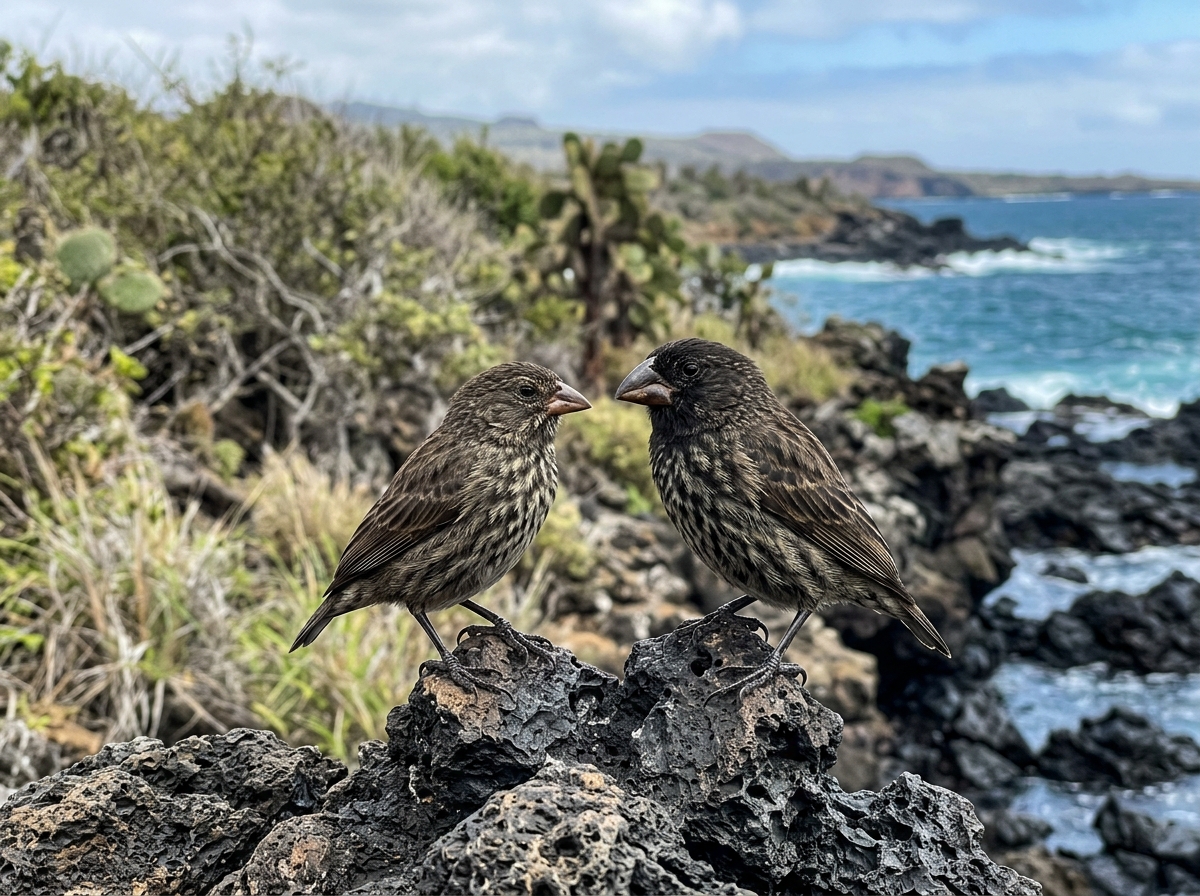 Galápagos finches perched on volcanic rocks, showing distinct beak shapes