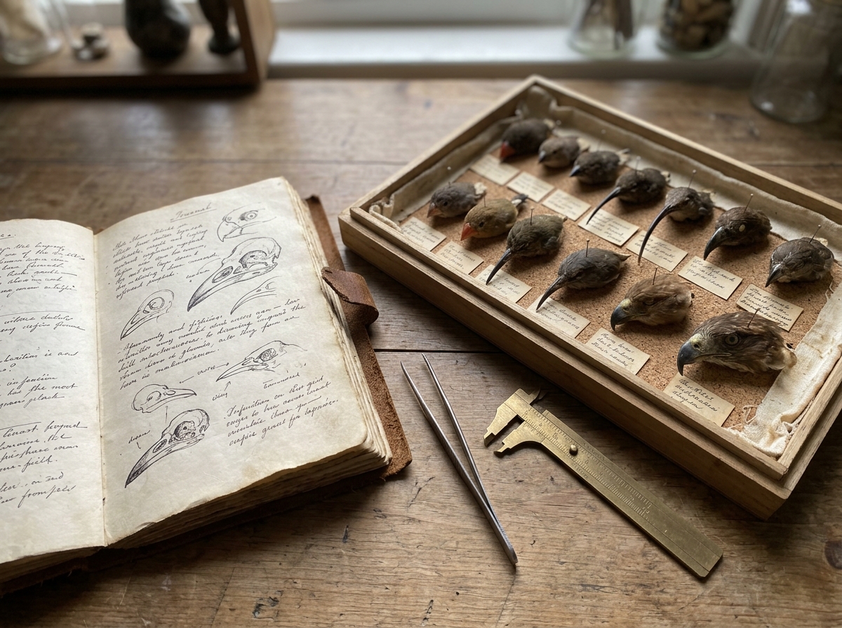 Open notebook and sorting tools with bird specimens illustrating Darwin’s learning process