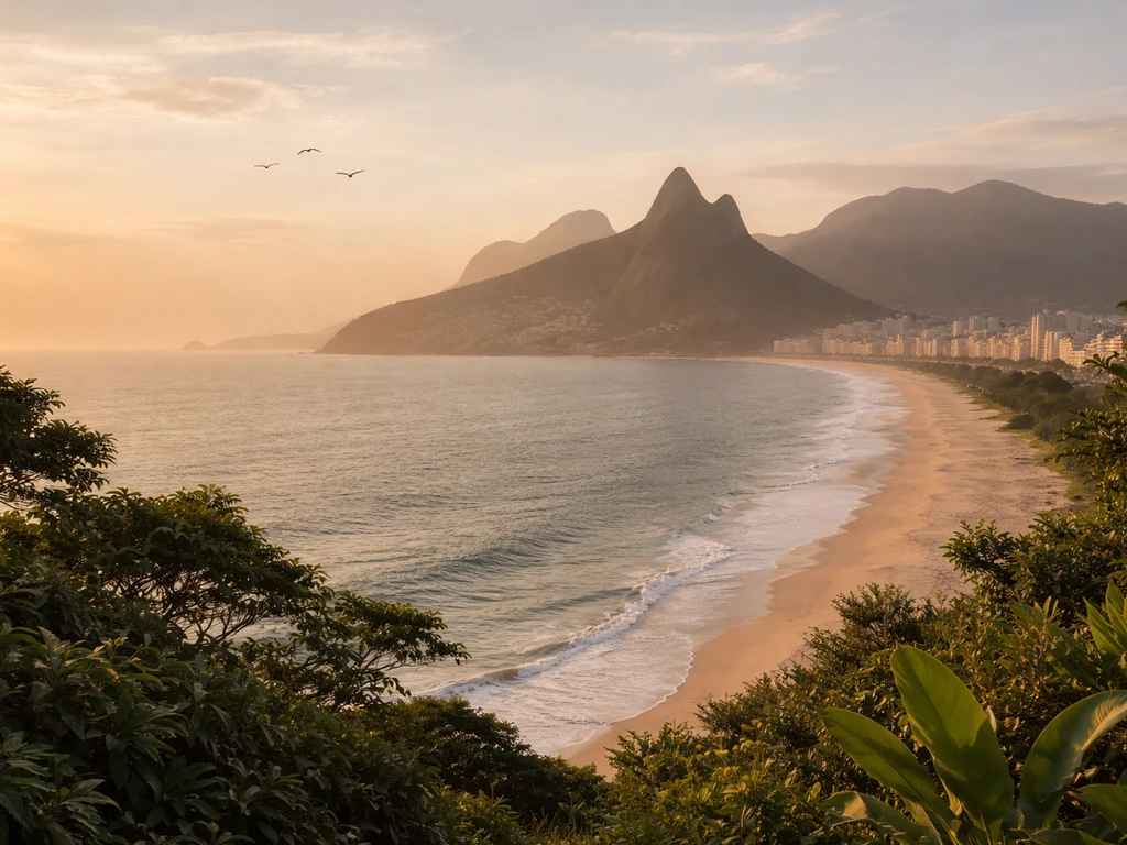 Golden-hour view of Rio de Janeiro coastline with lush greenery and a few distant tropical birds flying