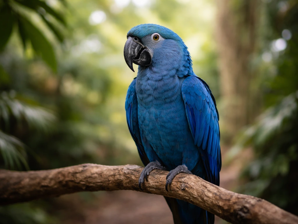 Minimal close-up of a vivid macaw perched near soft-focus tropical foliage, suggesting conservation urgency.