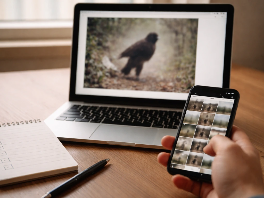 Minimal desk scene with a laptop and phone used to scrutinize a blurry wildlife claim photo.