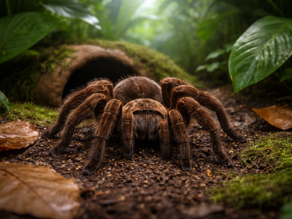 Close-up of a tarantula inside a simple rainforesty terrarium with South America-style foliage cues.