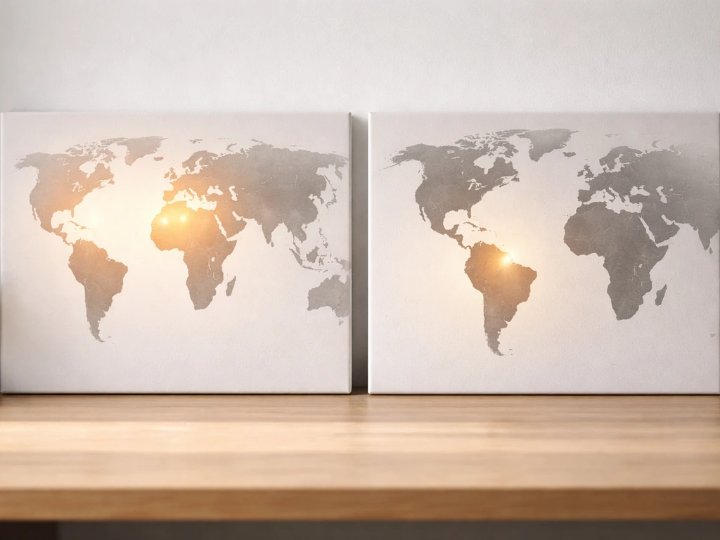 Minimal desk photo with two map panels: Old World glow on left, Americas glow on right with a marker over northern South