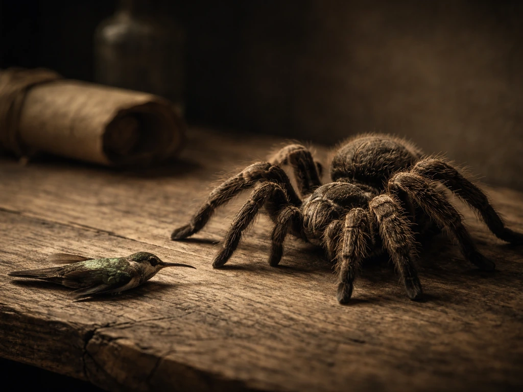 A large tarantula beside a small bird/hummingbird motif on an old wooden table, engraving-inspired reenactment.