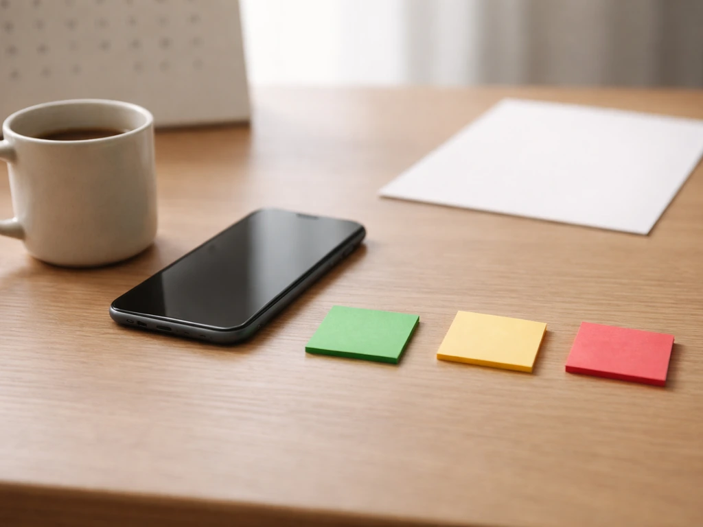 Minimal desk scene with phone and three blank colored cards suggesting a simple update decision framework.