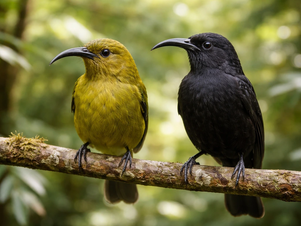 Two small Hawaiian birds perched side by side: a yellow-green Hawaiian mamo and a dark black mamo.