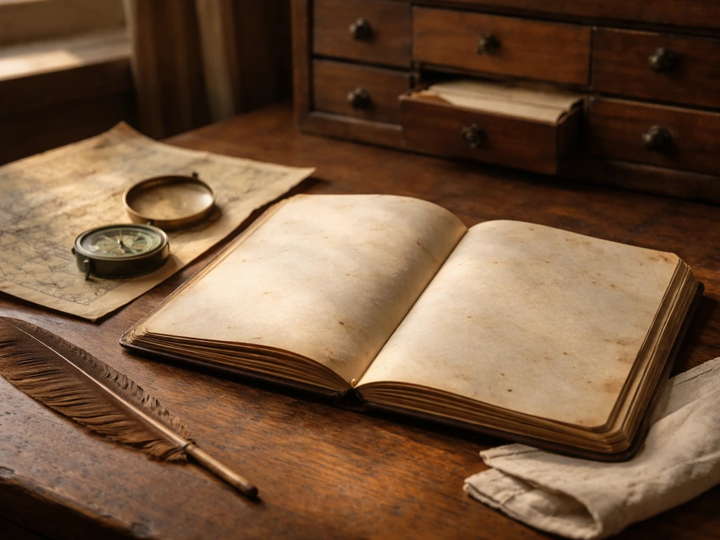 Open antique naturalist notebook with map, compass, and an old specimen drawer, softly lit in natural light.