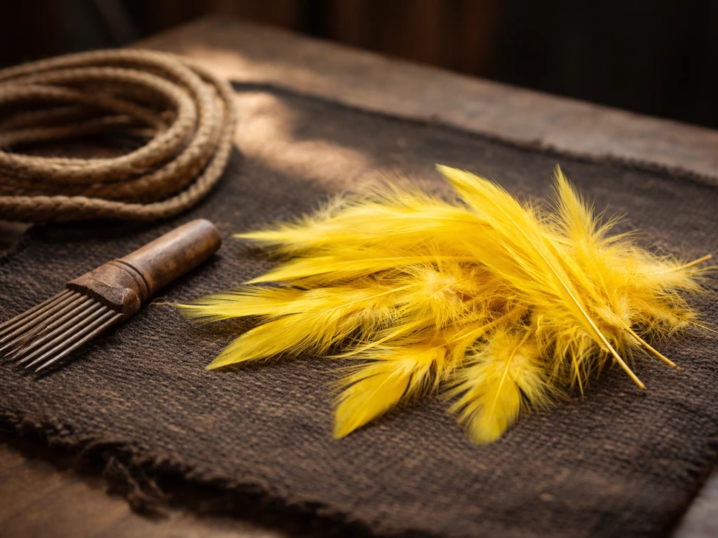 Close-up of vivid yellow feathers on cloth with simple tools, arranged for ceremonial cloaks/helmets.