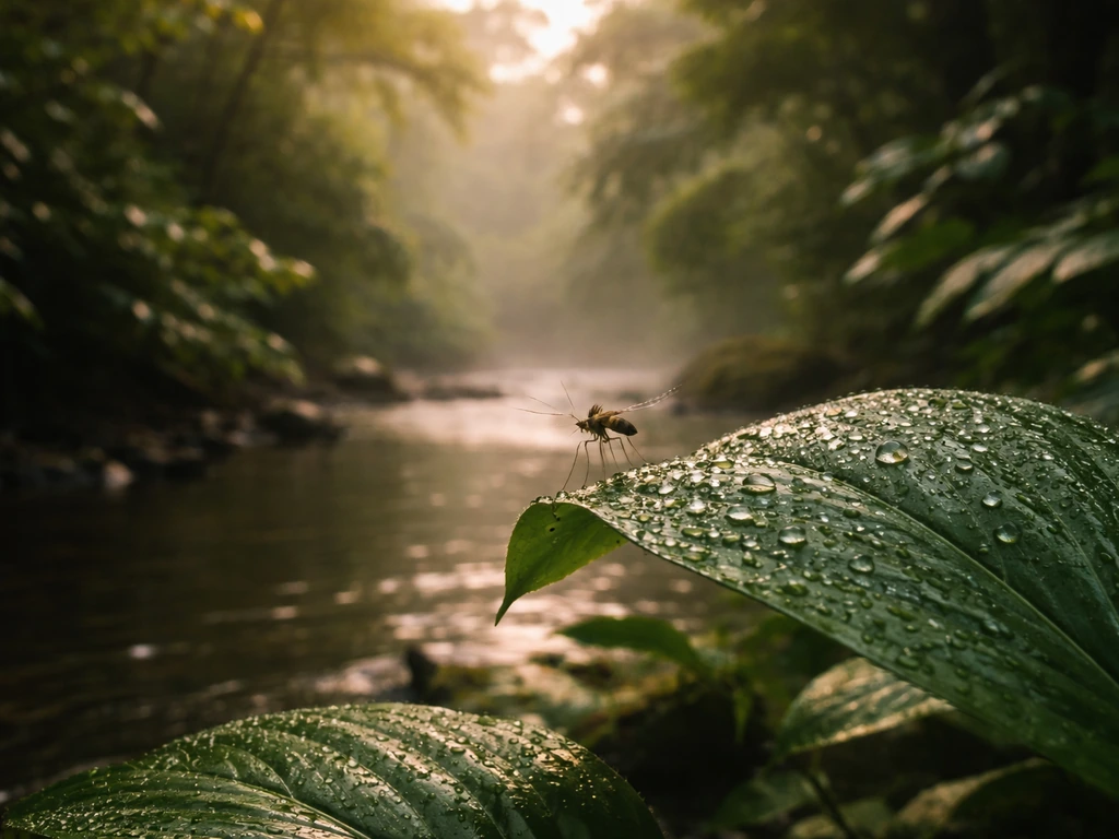 A close-up of a mosquito hovering above a Hawaiian leaf near a small stream at dusk.