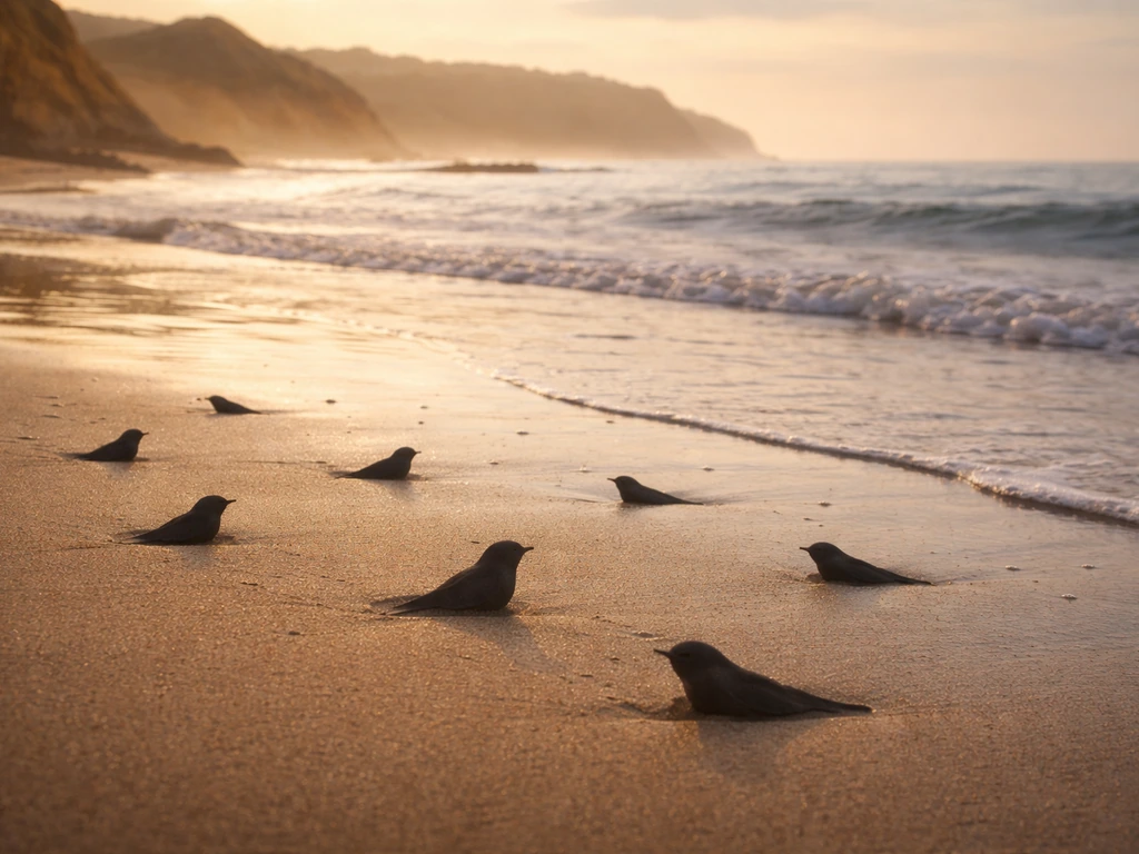 Minimal photo showing scattered bird silhouettes over a calm landscape, symbolizing extinction waves and eras.