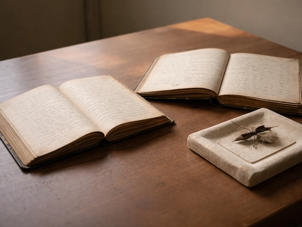 Open old natural history journal and voyage log on a museum table with a pinned specimen label card nearby.