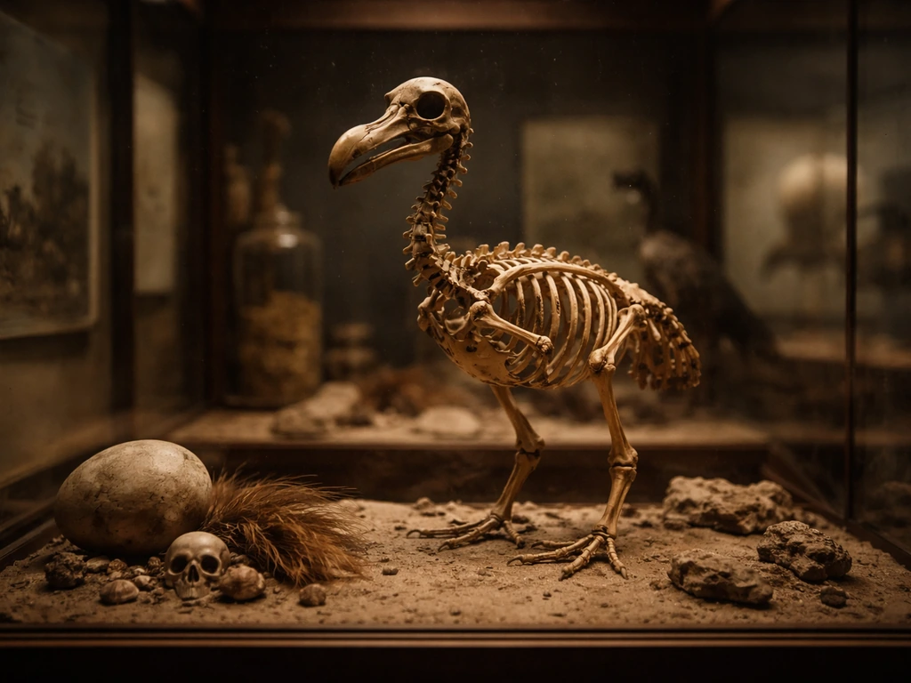 Archival museum display with a dodo skeleton in a glass case under natural light.
