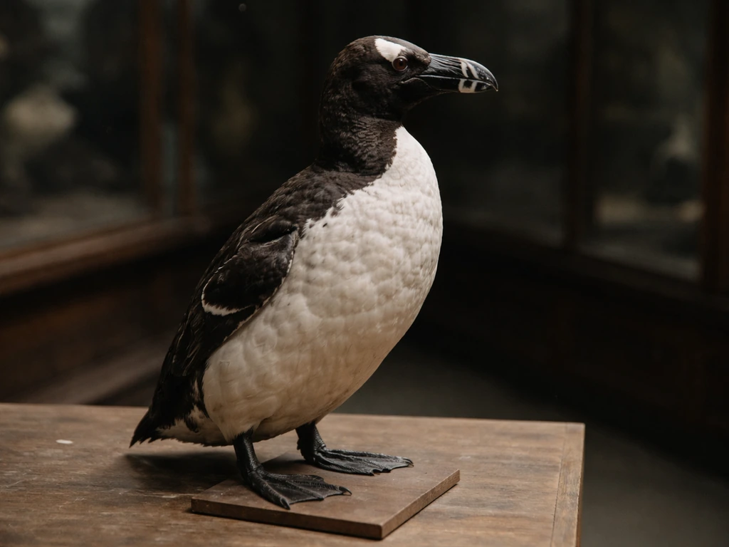 Taxidermy great auk specimen in a quiet museum-like room, highlighting it as a flightless seabird.
