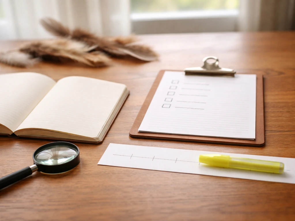 Close-up of a bird field notebook, magnifying glass, and a simple checklist beside a blank timeline strip.