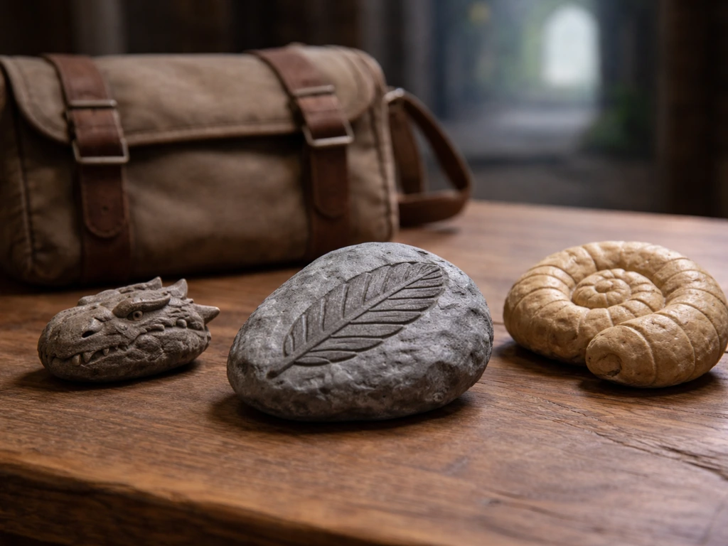 Fossilized Bird fossil and other fossil stones displayed on a wooden table in a muted game-like setting.