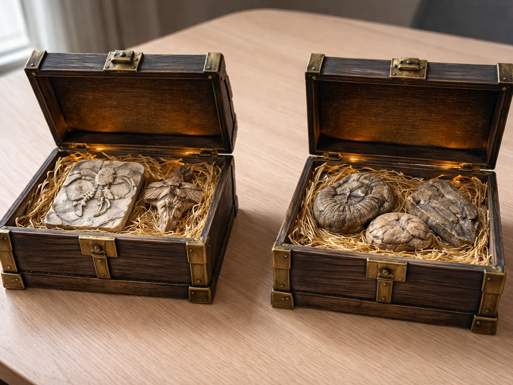 Two open loot boxes side by side; the bird fossil is in the left box and absent on the right.