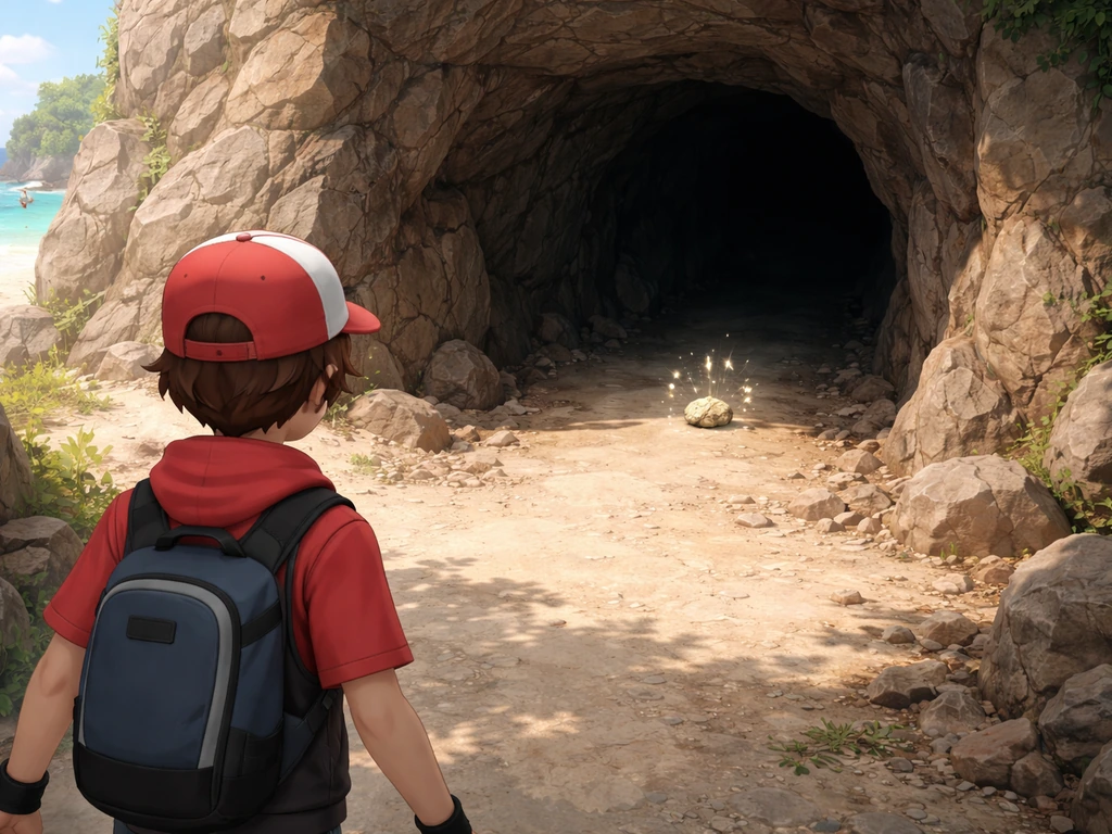 Over-the-shoulder view toward a cave pickup sparkle on Route 6, with rocky path and daylight glow.