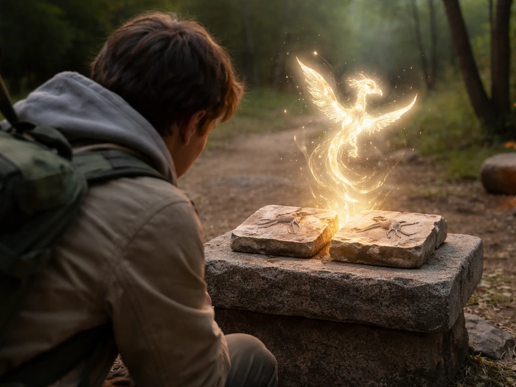 An outdoor camp pedestal glows as bird and drake fossils combine into a small emerging dragon creature.